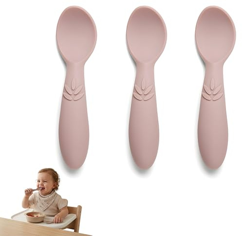 Nuuroo Baby Starter Silicone Spoons – 3 Pack, Soft Silicone Baby Spoons, BPA-Free, Flexible Toddler Cutlery for Self-Feeding, Dishwasher Safe Durable Utensils, Designed in Denmark (Woodrose)