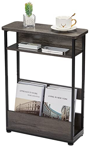 YEAKOO Narrow Side Table with Storage Shelf, 3 Tier Slim End Table for Small Spaces, Narrow Bedside Table, Small Nightstand with Magazine Rack 46x18x62.5cm