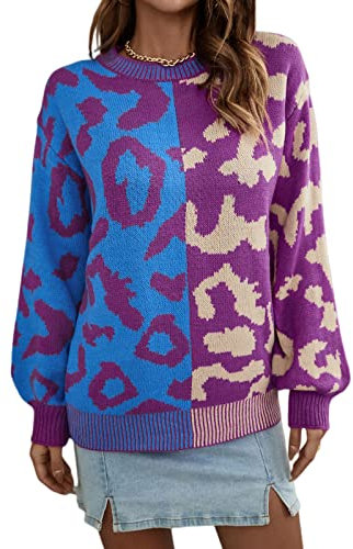 HEYPORK Damen Herbst Winter Warm Bequem Pullover Casual Mode Strickjacke Strickpullover Frauen Herbst/Winter Pullover Leopardenmuster Patchwork Gemischter Strickpullover Pullover(Lila, S)