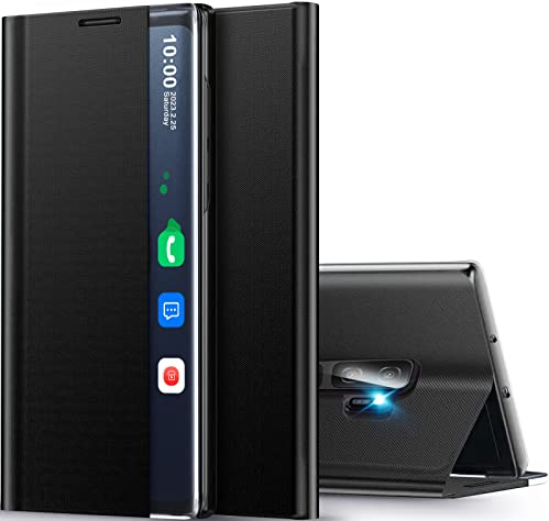 Handyhülle für Samsung Galaxy S9 Plus 5G Hülle Klappbar, Luxus Dünn Spiegel Flip Leder Hard PC Stoßfest Case Cover für Samsung S9 Plus Hülle mit Ständer, Clear View für Samsung Galaxy S9+ Etui