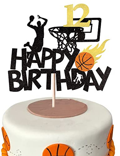 SYKYCTCY 1 Pack Happy 12th Birthday Basketball Cake Topper Glitter NBA Fan Basketball Sports Cake Pick Cheers to 12 Years Birthday Cake Decoration for 12th Birthday Basketball Party Supplies Black