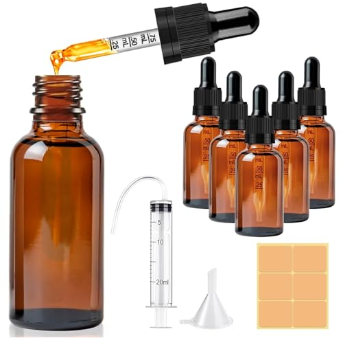 CoKeeSun 50ml Glass Dropper Bottle, 5 Pcs Brown Dropper Bottles with Pipettes, Reusable Amber Glass Bottle Set with Funnel Needle Syringe Catheter Stickers for Hair Oil perfumes Cosmetics Storage