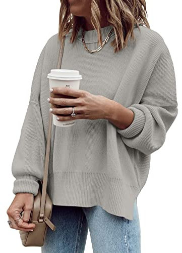Cicy Bell Damen Übergrößen Pullover Langarm Gerippt Gestrickt Seitenschlitz Pullover für Damen Jumper Grau S