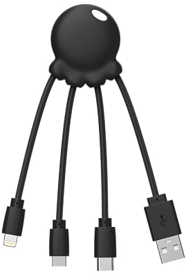 Xoopar Octopus – Multi-USB-Kabel 4 in 1 In Form Eines Tintenfisches Schwarz – Universal-Ladegerät Aus Recyceltem Kunststoff – USB-C-Buchse, Ligthning, USB-A, Micro-USB für Smartphone