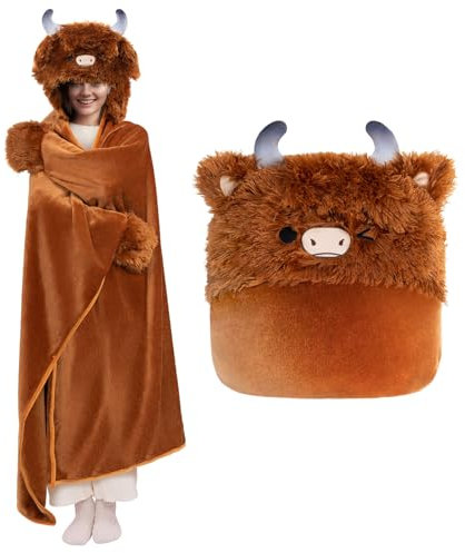 Mewaii Tragbare Decke mit Kapuze und Ärmeln,Kuscheldecke im Hochlandkuh Design,Unisex Decke für Damen und Herren,Weiche Flanell Decke mit Handschuhen,Ideal für Zuhause