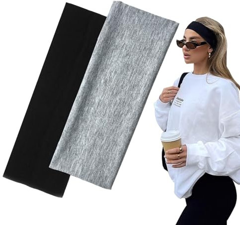 7cm Wide Black Headbands for Women Men, Yedtreg 2pack Fashion Head Bands for Women's Hair, Soft Fabric Stretchy Hair Bands for Makeup, Yoga, Running, Sports (Black/Grey)