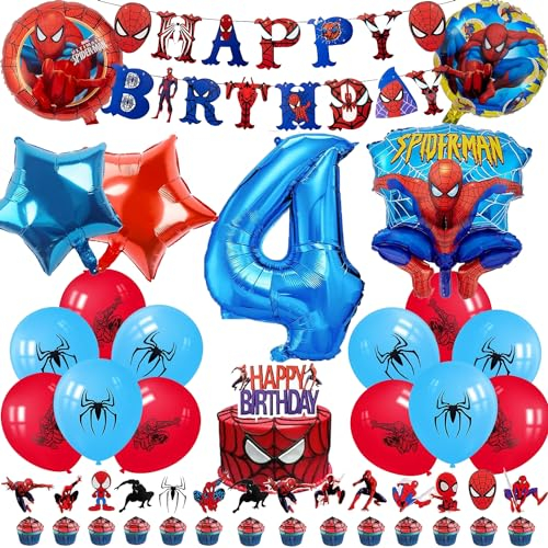 Spider Luftballon Geburtstag Deko 4 Jahre Jungen- Spider Girlande Geburtstagsdeko 4 Jahr Spider Ballon Deko 4. Geburtstag Folienballons Happy Birthday Banner Tortendeko für Kindergeburtstag Party Deko