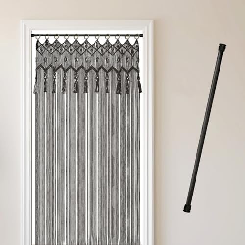 Cozyor Makramee Boho Vorhang mit Stange 70-120 cm ohne Bohren Türvorhang Fenstervorhang 132x200cm Raumteiler, Wandbehang & Deko schwarz, Hochzeit, Wohnzimmer handgemacht