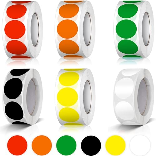 Rhimooay 3000 Stück Klebepunkte Bunt, 25mm Runde Punktaufkleber Klebepunkte Etiketten Markierungspunkte, Rund Aufkleber für DIY, Kalende, Aufbewahrung, Planer 500 Stücke/Rolle (6 Rollen)