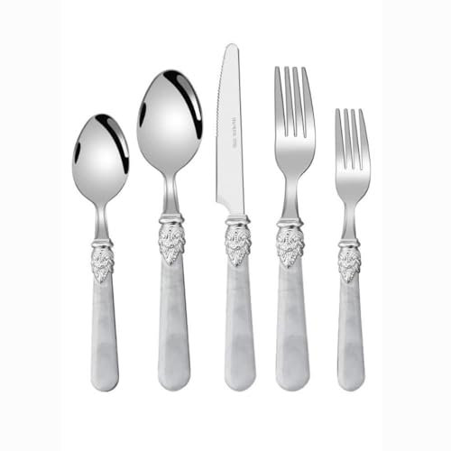 Marble Handle Silverware Tableware Set, 18/10 Stainless Steel Flatware Set, Steak Table Knife Fork Spoon Fruit Fork Teaspoon Cutlery Sets (White,5 Pieces)
