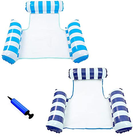 Hamaca Piscina 2pcs, Colchonetas Inflables Piscina, PortáTil Colchonetas Piscina Grandes, 4-En-1 Hamaca Hinchable Piscina, Flotadores Piscina con Bomba de Aire (Azul Claro + Azul Oscuro)