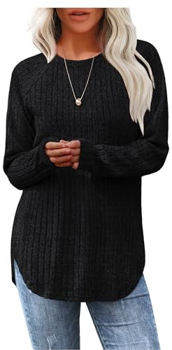 Aokosor Long Sleeve Tops Womens Tops Ladies Lightweight Sweatshirt Curved Hem Tunic Shirt Black Size 18-20
