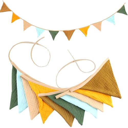 Wimpelkette Kinderzimmer, FePen 2.6m Stoff Wimpelkette aus Musselin Baumwoll, Girlande Kinderzimmer für Mädchen & Jungen, Kinderzimmer Wanddeko für Hausbett, Babybett, Kinderbett (Morandi Gelb)