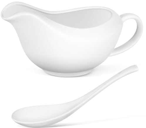 Amosfun Salsera Con Cuchara Dispensador De Platos De Cerámica Con Mango Para Salsas Aderezos Crema Apto Para Microondas Y Lavavajillas 200Ml