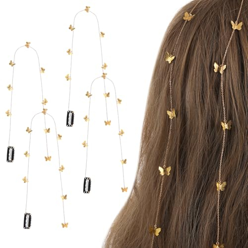 Andibro 4 Stück Schmetterling Haarkette, Lange Quasten Haarketten für Zöpfe Goldene Schmetterlings Haarspangen Ketten Butterfly Haarschmuck für mädchen und Kinder Braut Hochzeit Accessoire
