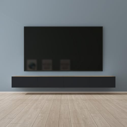 Mai & Mai Fernsehschrank Hängend TV Lowboard hängend mit Gasdruckfedern | TV Schrank mit Klappen, viel Stauraum, Wandmontage in Kerneiche + Matt Anthrazit, Breite: 280 cm, Fernsehschrank02