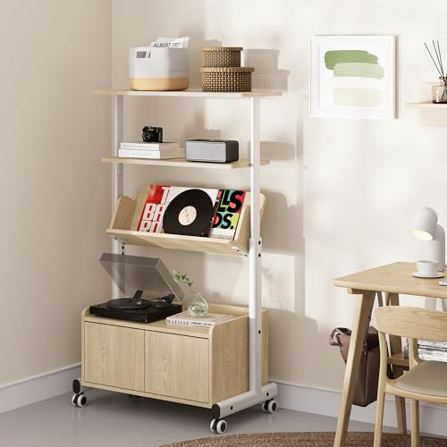 Fenge Bücherregal mit Rädern 4 Ebenen, 79x41,4x131cm, Eiche | Multifunktional Lagerregal Mobiler Organizer Regal Standregal für Wohnzimmer, Schlafzimmer, Heim, Büro