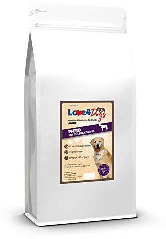Love4Dogs Adult Trockenfutter 2 Kg | Pferd mit Süßkartoffel und Granatapfel | ohne Zusatzstoffe | Premium Alleinfutter für Adulte Hunde