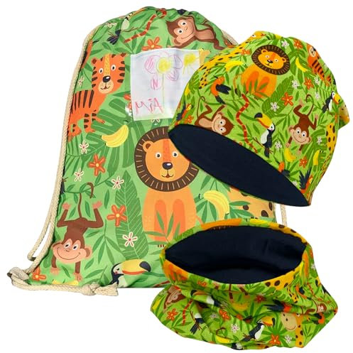HECKBO Kinder Turnbeutel inkl. Sichtfenster - Dschungel - Sportkleidung Trinkflasche- Kindergarten, Schule, Stoffbeutel Kita (Turnbeutel + Beanie Loop Set (Jersey innen))