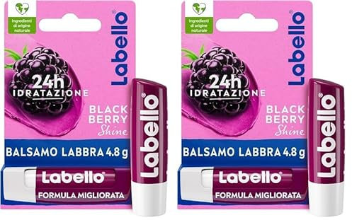 Labello Blackberry Shine Burrocacao Labbra 4.8 g, Balsamo Labbra Colorato All'Aroma Di More, Lip Balm Idratante 24H Con Ingredienti Naturali E Pigmenti Colorati (Confezione da 2)