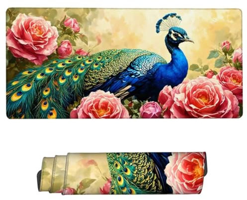 Tapis de Souris Gaming,1200x600x3mm Grand Tapis de Souris Paon Tapis de Souris Gamer,sous Main Pivoine Tapis Souris,Tapis de Souris à Bords Cousus,Base en Caoutchouc Antidérapante,Deco Bureau ZH-200
