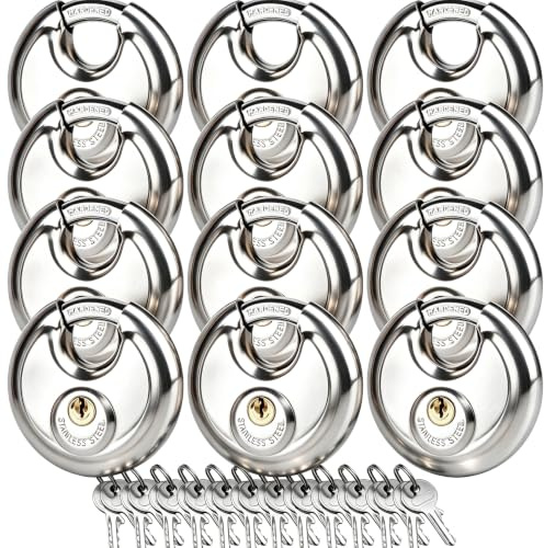 12Pack Disc Locks Keyed Different, 2-3/4(70mm) Storage Locks for Storage Unit, Outdoor Waterproof Stainless Steel Padlocks for Storage Locker, Shed, Gate, Fence, Heavy Duty Discus Keyed Pad Lock