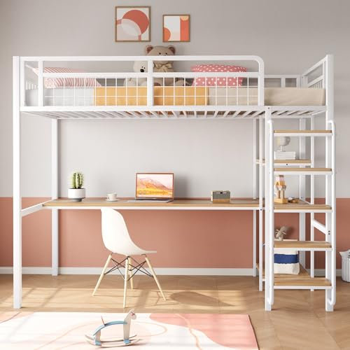 Ball & Cast Loft Bed (90x200cm) mit Tisch und Regalen, Metall-Hochbett mit Sicherheitsleiter, Stabil & Rauschlos, Weiß