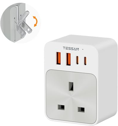 TESSAN UK to US Plug Adaptor, Foldable USA Travel Adapter with 2 USB C and 2 USB A 20W Fast Charging, American Plug Adapter from UK to Canada, Thailand, Mexico, Dominica, Costa Rica, Philippines
