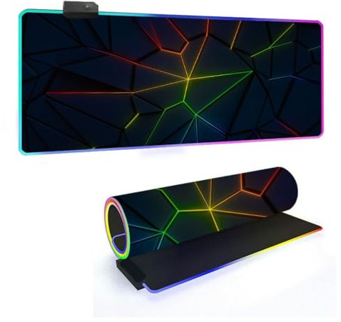 FANSU RGB Tapis de Souris Gaming XXL, 3D Multicolore LED 14 Effets Éclairage Antidérapante Grand sous Main Bureau pour Clavier et Souris, Mouse Pad pour PC Gamer (Arc-en-Ciel,900x400x4mm)