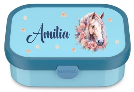 Mepal Brotdose Pferd personalisiert, Lunch Box Kinder mit Fächern, Brotzeitdose Campus mit Name bunter Aufdruck (blau)