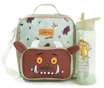 Gruffalo The Friends - Juego de lonchera y botella para niños en verde | Diseño de cara de personaje Ratón | Asa de transporte con cremallera y correa ajustable