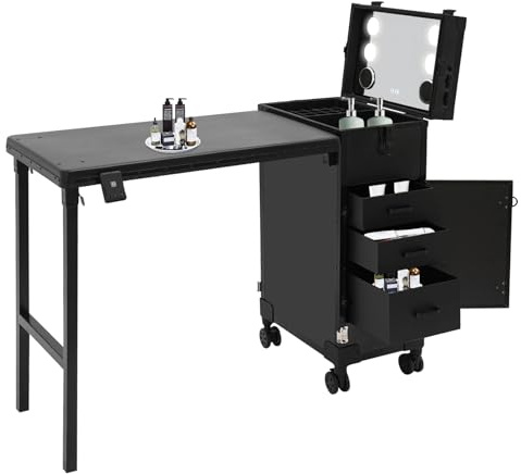 Schminkkoffer mit Beleuchtung Spiegel & Bluetooth & Rollen - 3 Schubladen Kosmetikkoffer Groß Modern, 50kg Tragkraft, Make up Koffer für Friseur, Beauty Case, Tatto Tisch, Nagelkoffer (Schwarz)