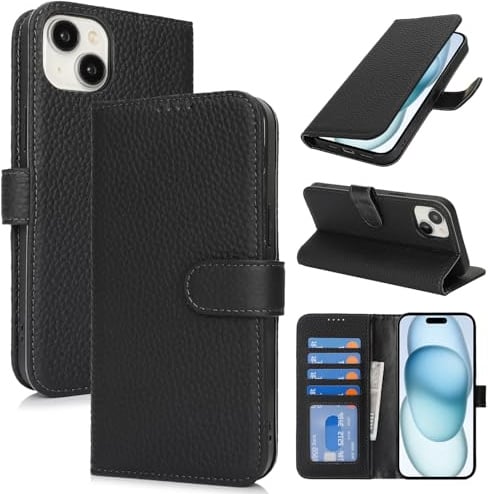 Zouzt Hülle für iPhone 15 6,1 Zoll, Echt Leder Hülle mit 4 Kartenfächern, RFID Blocker, Kartenhalter Magnet Klapp Stoßfest Schutzhülle Frauen Männer für iPhone 15 - Schwarz