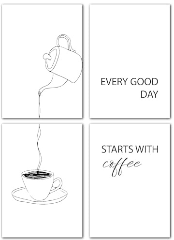 LAVEMA Kaffee Bilder Küche Minimalistische Line Art Café Poster Set A4 (21x30cm) Schwarz Weiß Küchenbilder Barista Wanddeko Esszimmer Bilderwand Büro Küchendeko Wandbilder Wandposter ohne Bilderrahmen