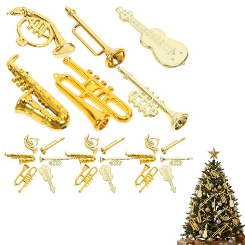 Weihnachtsbaumschmuck Gold Miniatur, 24-Teilige Sammlung Von Mini-Instrumenten Mit Winziger Gitarre Trompete Saxophon Puppenhaus-Zubehör Weihnachtsdekoration Weihnachtsdeko Partygeschenk