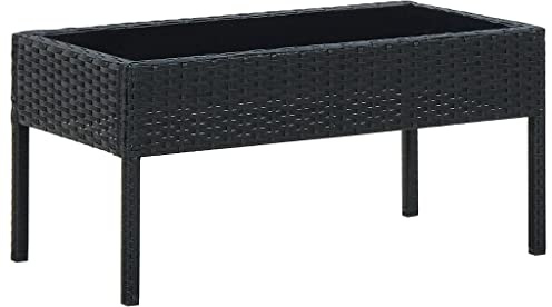 QUAHEAS Gartentisch Schwarz 75x40x37 cm, Poly Rattan Outdoor Loungetisch mit Glasplatte, Robuster Terrassentisch, Beistelltisch für Balkon und Garten, Witterungsbeständiger Kaffeetisch