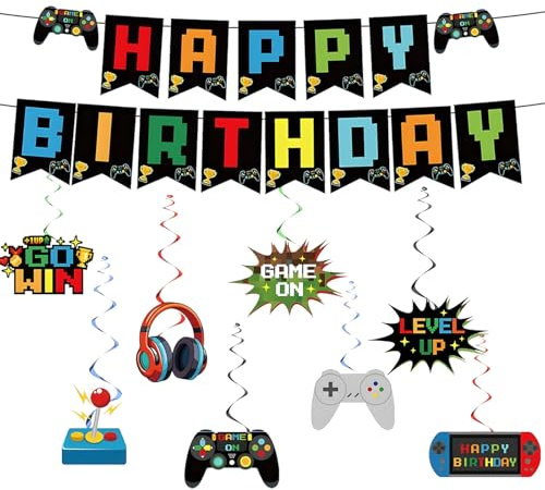 Tourima Gaming Geburtstagsdeko, Happy Birthday Girlande mit 8 Anhängern | Das Set enthält eine farbenfrohe Happy Birthday Girlande und 8 Spiralhänger mit Controller-, Headset- und Arcade-Motiven.