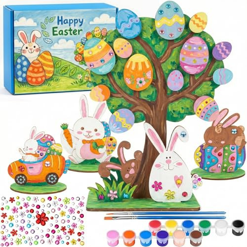 Ostern Basteln Kinder Osterbaum Bastelset Holz mit Osterei Baum und 3 Hasen Aufstellern, Osterdeko Holz Tischdeko zum Bemalen, Osterbaum Deko für Kindergarten, Schule, Familie und Frühlingsdeko
