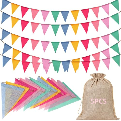 Wimpelkette Outdoor Pastell 5 Stück - 60 Flaggen Girlande Wetterfest Stoff | Wimpelkette mit Jutesack für Garten Party Geburtstag Deko Klassentreffen Einschulung Party Schulkind Kinderzimmer