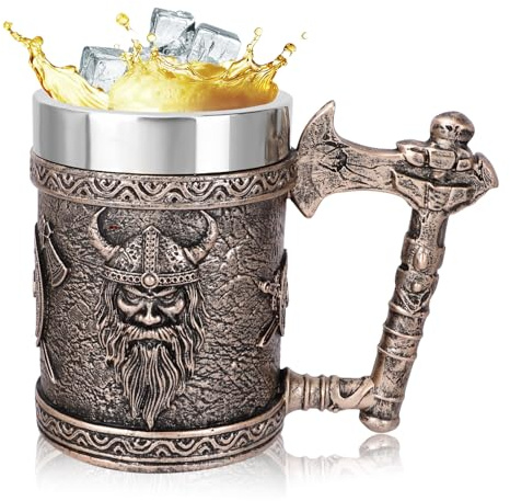 Wikinger Edelstahl Bierbecher Bierkrüge for Männer Gothic Party Dekoration | Kaffee becher Teetasse, Party-Trinkkrug, Geburtstagsgeschenk, Halloween-Bar-Dekoration,Edelstahl Axtgriff, 600ml Capacity