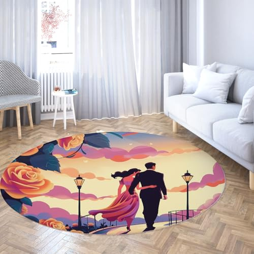 Via Vela Romantische Rundteppiche Waschbare runde Teppich 80cm Sunset Couple Rutschfester Teppiche Rose Love Thin sind Faltbare Teppichtapeten Fleckenresistenter Niederflor Teppichmatte
