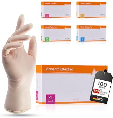 Latexhandschuhe 100 Stück | XL | Puderfreie Latex Handschuhe Weiß | Texturiert, reißfest & elastisch | Untersuchungshandschuhe Einweg für Pflege & Kosmetik | Gr. XS, S, M, L, XL
