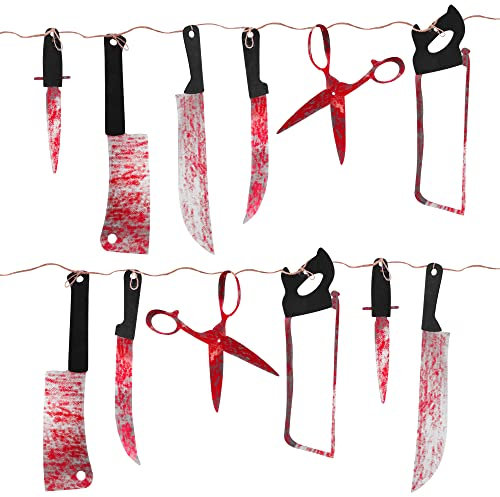 Super Z Outlet 7.5 ft Long Paper Bloody Splatter Halloween Horror Scary Metallic Butcher Knife Chainsaw Weapon Killer Tools Garland Party Decoration Haunted House Banner