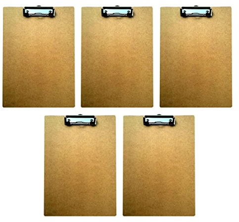 5er Set Klemmbrett Din A4 Holz mit Klemme aus Metall Schreibunterlage Clipboard Schreibbrett Schreibplatte Klemmmappe Schreibmappe