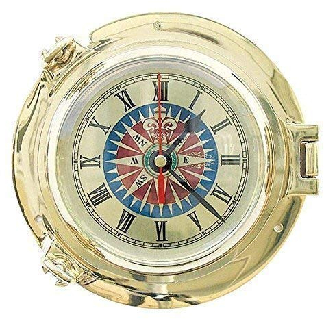 linoows Bullaugen Uhr, Marine Wand-Uhr mit Windrosenzifferblatt, Messing Ø 18 cm
