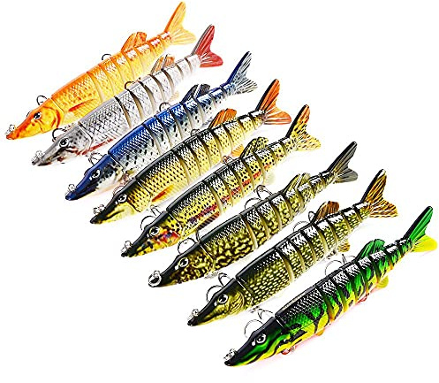CHSEEO 8PC Multi-jointed Fishing Lure Hard Bait Fishing Hooks Multi-segments Swimbaits Artificial Lures for Bass Walleye Yellow Perch Pike Roach Trout Muskie