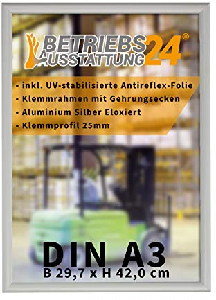 Betriebsausstattung24 Plakatrahmen mit Klemmrahmen - Alu Klapprahmen - 25mm Aluminium Profil - inkl. entspiegelter Schutzfolie (Ecken auf Gehrung, DIN A3 (HxB 42,0x29,7 cm))
