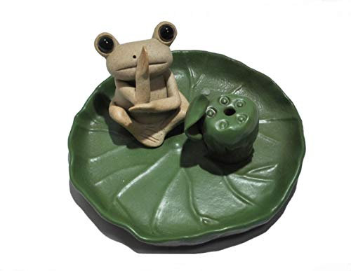 DMtse Handgefertigtes Keramik-Tablett für Yoga, Meditation, Frosch und Lotusblatt, Räucherstäbchenhalter, Frosch, niedliche Tierstatue, Frieden, Segen, Heimdekoration
