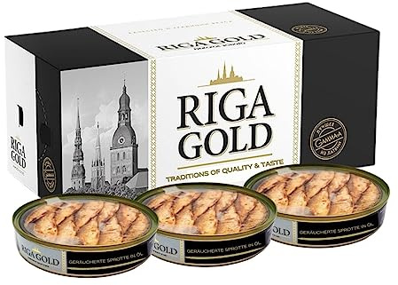 Riga Gold Geräucherte Sprotten in Öl- Verzehrfertige Fischkonserven – Konserven und eingelegte Produkte für schnelle Mahlzeiten und Beilagen -12x120g
