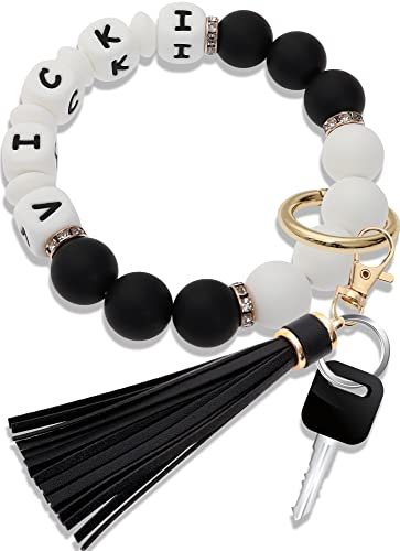 Panny & Mody Bracelet porte-clés pour femme - Porte-clés pour clés de voiture - Perles en silicone - Avec pompon en cuir, Noir+Blanc, taille unique